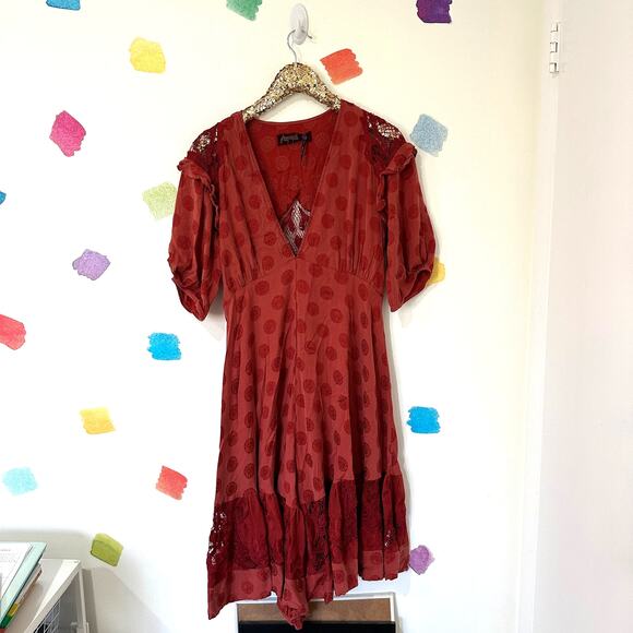 S Free People Red Print Lace Empire Waist Maxi Dress - Picture 3 of 5